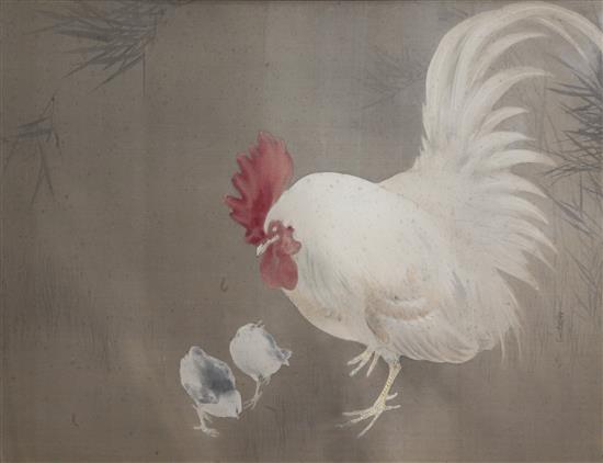 Japanese School Cockerel and two chicks, 19.5 x 28in.